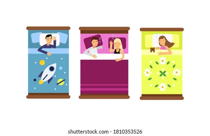 People Characters Sleeping in Bed Vector Illustration Set