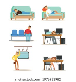 People Characters Sleeping In Different Position in Various Places Vector Set