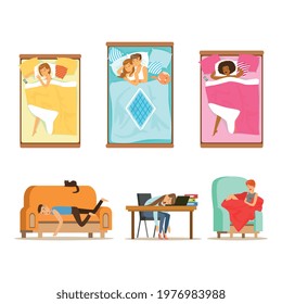 People Characters Sleeping In Different Position in Various Places Vector Set.