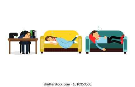 People Characters Sleeping at Office Desk and at Home Vector Illustration Set