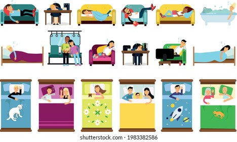 People Characters Sleeping at Office Desk and at Home Vector Illustration Set