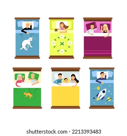 People Characters Sleeping and Snoring in Bed Lying on Pillow Covered with Blanket Above View Vector Set