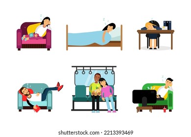 People Characters Sleeping and Snoring Lying in Bed and Sitting at Office Desk or Lounging in Armchair Vector Set