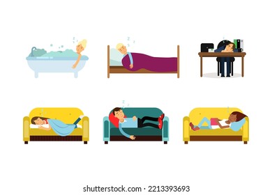 People Characters Sleeping and Snoring Lying on Sofa, in Bathtub and at Office Desk Vector Set