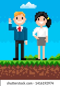 People characters smiling on nature vector, man and woman pixelated personage landscape with grass and soil, cloud in sky square graphics pixel art, business 8 bit game