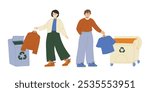 People characters sorting old clothes in recycling can. Hand drawn recycling concept modern flat vector illustration set.