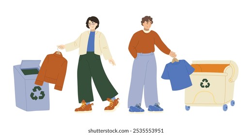 Personagens classificando roupas velhas em reciclagem podem. Conjunto de ilustração de vetor plano moderno desenhado à mão.