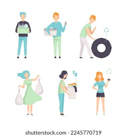 People Characters Sorting Waste and Garbage for Recycling and Reuse Vector Set