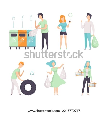 People Characters Sorting Waste and Garbage for Recycling and Reuse Vector Set
