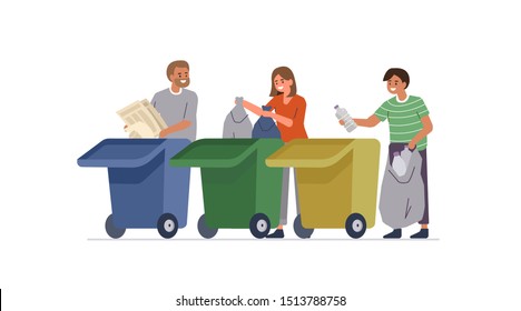 People characters sorting waste. Man and woman disposing different types of garbage into separate bins. Paper, plastic and other household waste recycling.  Flat cartoon vector illustration. 