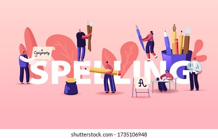 People Characters Spelling Concept. Writing Letters, Script, Creative Hobby Recreation. Woman Sitting at Table with Pen in Hand Practicing Calligraphy Poster Banner Flyer Cartoon Vector Illustration