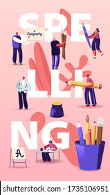 People Characters Spelling Concept. Writing Letters, Script, Creative Hobby Recreation. Woman Sitting at Table with Pen in Hand Practicing Calligraphy Poster Banner Flyer Cartoon Vector Illustration