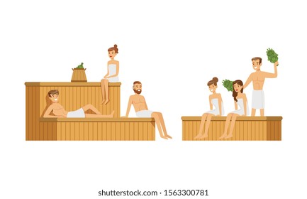 People Characters Spending Time in Sauna Vector Illustrations