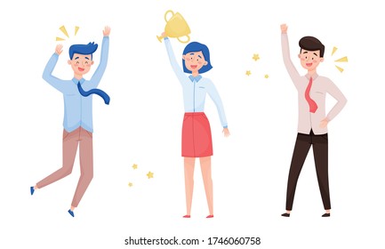 People Characters Standing and Cheering About Victory Vector Illustrations Set