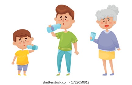 People Characters Standing and Drinking Still Mineral Water from Plastic Bottle Vector Illustrations Set