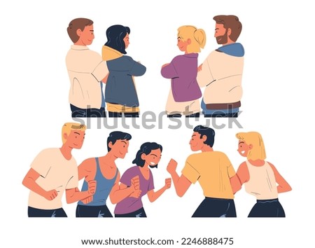 People Characters Standing In Front of Each Other as Opposite Group Vector Set