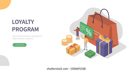 People Characters Standing near Big Shopping Bag and Holding Discount Voucher. Reward Gifts and Money for Purchases. Cashback and Customer Loyalty Program Concept. Flat Isometric Vector Illustration. 