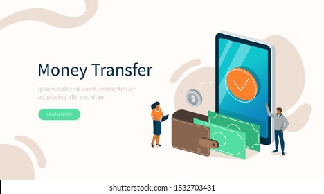 People Characters Standing near big Wallet, Sending and Receiving Money by Smartphone. Money Transfer and Payment Transaction in Online Banking Mobile App. Flat Isometric Vector Illustration.

