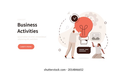 People Characters Standing Near Big Light Bulb With Graphs, Charts And Diagrams. Creative Innovation And Business Ideas Concept. Flat Cartoon Vector Illustration.