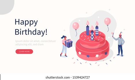 People Characters standing near Birthday Cake and Celebrating. Woman and Man holding Gift and Balloons. Friends Enjoying the Party. Happy Birthday Concept. Flat Isometric Vector Illustration.
