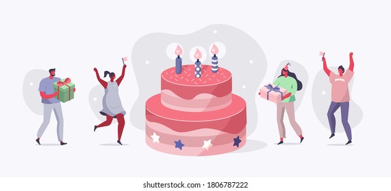 People Characters standing near Birthday Cake and Celebrating. Woman and Man holding Gift and Balloons. Friends Enjoying the Party. Happy Birthday Concept. Flat Cartoon Vector Illustration.