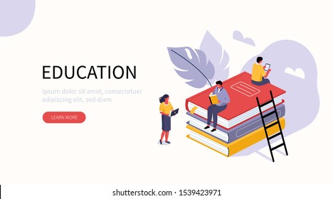 People Characters standing near Books Stack, holding Gadgets and Reading Literature. Group of Male and Female Students Study. Education and Knowledge Concept. Flat Isometric Vector Illustration.
