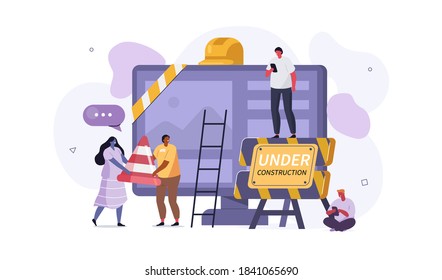 People Characters Standing near Computer and Developing Web Site. Woman and Man placing Barrier Symbol. Coming Soon and Website is Under Construction Concept Page. Flat Cartoon Vector Illustration.