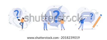 People characters standing near exclamation and question marks. Woman and man ask questions and receive answers. Frequently asked questions concept. Flat cartoon vector illustration and icons set.