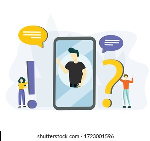 People Characters Standing near Exclamations and Question Marks. Woman and Man Ask Questions and receive Answers. Online Support center. Frequently Asked Questions Concept. Flat Vector Illustration.