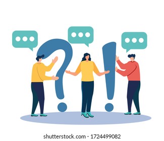 People Characters Standing near Exclamations and Question Marks. Woman and Man Ask Questions and receive Answers. Online Support center. Frequently Asked Questions Concept