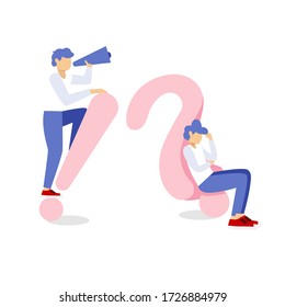People Characters Standing Near Exclamations And Question Marks. Man Ask Questions And Receive Answers. Online Support Center. Frequently Asked Questions Concept. Flat Vector Illustration.