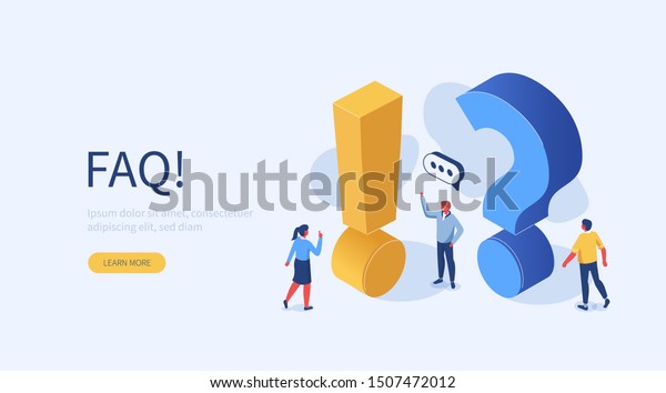People Characters Standing near\
Exclamations and Question Marks. Woman and Man Ask Questions and\
receive Answers. Online Support center. Frequently Asked Questions\
Concept. Flat Vector\
Illustration.