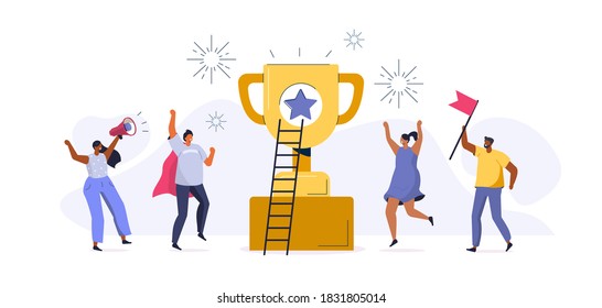 People Characters standing near Gold Cup and Celebrating Victory. Happy Woman and Man Successfully Achieve Reward. Winners and Prize. Business Goal Success Concept. Flat Cartoon Vector Illustration.