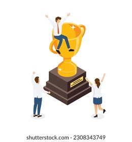 People Characters standing near Gold Cup and Celebrating Victory. Happy Woman and Man Successfully Achieve Reward. Winners and Prize. Business Goal Success. Isometric vector.
