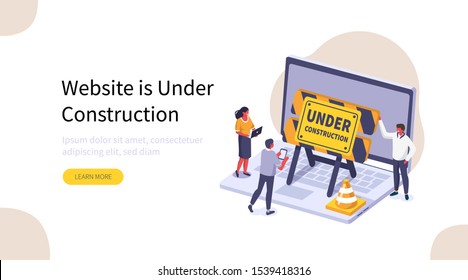 People Characters Standing near Laptop and Developing Web Site. Woman and Man placing Barrier Symbol. Coming Soon and Website is Under Construction Concept Page. Flat Isometric Vector Illustration.