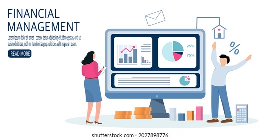 People characters standing near monitor. Concept of Financial, mortgage house and invest money in real estate property. vector illustration eps10