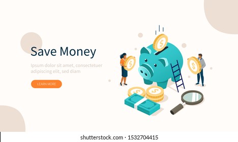 
People Characters Standing near Piggy Bank, Gold Coins Stack and Banknotes Bundle. Woman and Man Holding Dollar Coins. Saving Money or Cash Back Concept. Flat Isometric Vector Illustration.