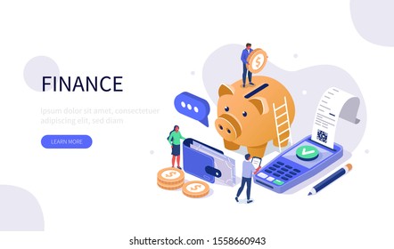 People Characters Standing near Piggy Bank, Paying Terminal and Wallet. Woman and Man Calculating Payment, Salary or Taxes. Audit and Financial Monitoring Concept. Flat Isometric Vector Illustration.