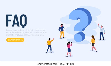 People Characters Standing near Question Marks. Women and Men Ask Questions and receive Answers. Online Support center. Frequently Asked Questions Concept. Vector Illustration.