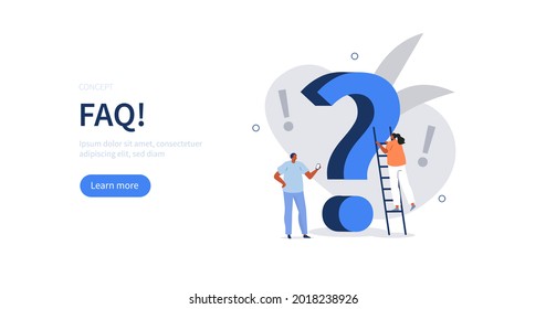 People characters standing near question marks. Woman and man ask questions and receive answers. Support center. Frequently asked questions concept. Flat cartoon  vector illustration.