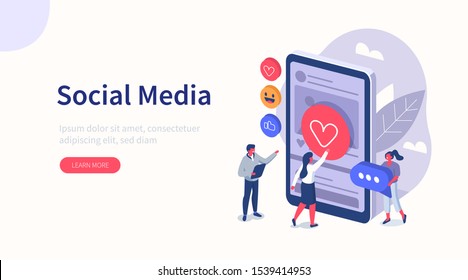 
People Characters standing near Smartphone and looking at new Social Media Post. Woman and Man leaving Comments and likes for Photo in Mobile App. Flat Isometric Vector Illustration.