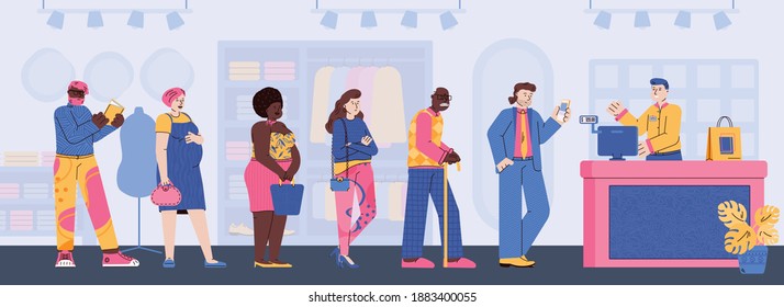 Personajes de la gente haciendo cola en el mostrador de cajero, ilustración vectorial de dibujos planos. Diferentes hombres y mujeres esperan en fila por servicio en una tienda de ropa.