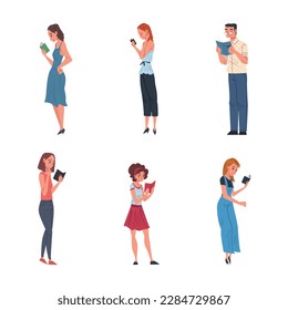 People Characters Standing and Reading Book Vector Set