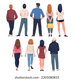 People Characters Standing in Row Back View Vector Illustration Set