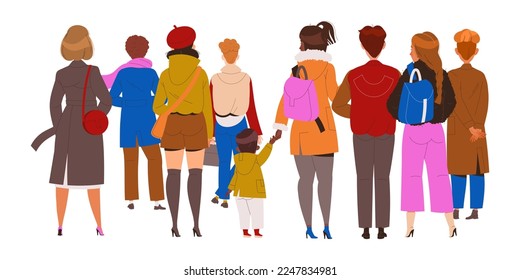 Caracteres de personas parados en la ilustración de vectores de vista posterior de fila