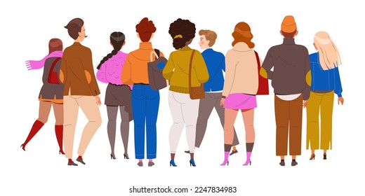 People Characters Standing in Row Back View Vector Illustration