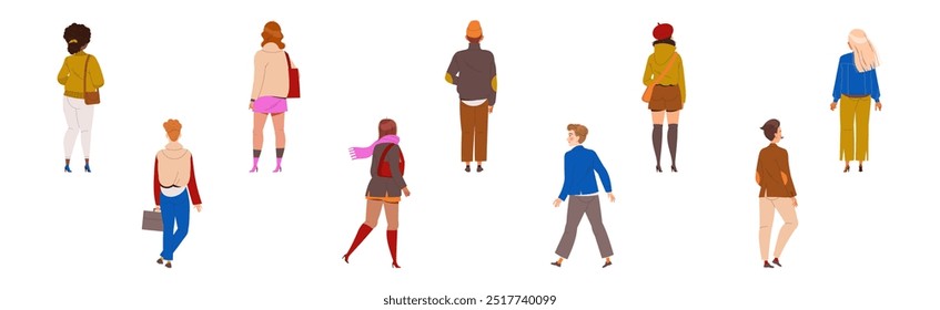 People Characters Standing in Row Back View Vector Illustration Set