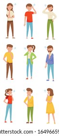 People Characters Standing with Thoughtful Expression on Their Faces and Question Marks Vector Illustrations Set