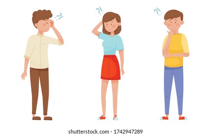People Characters Standing with Thoughtful Expression on Their Faces and Question Marks Vector Illustrations Set