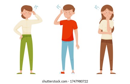 People Characters Standing with Thoughtful Expression on Their Faces and Question Marks Vector Illustrations Set